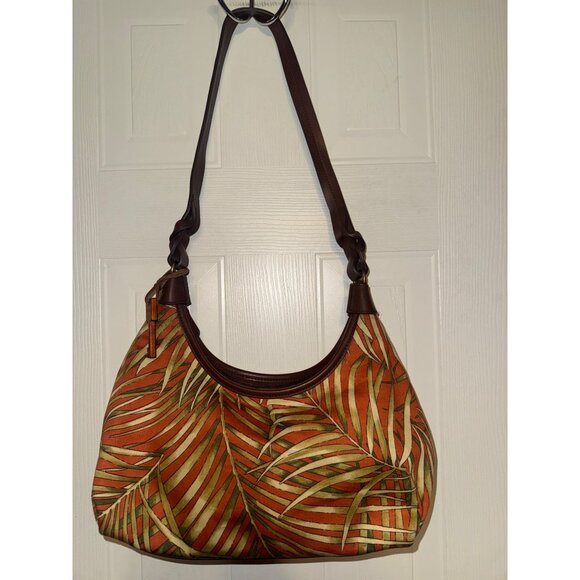Fossil Caluso Top Zip Shoulder Bag With A Rust & Green Palm Leaf Print - Picture 1 of 14